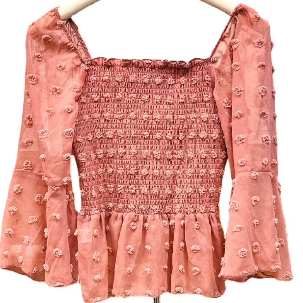 London Rose Smocked  Strethy Dot Smocked Peplum Blouse Flowy Dusty Pink Top MED